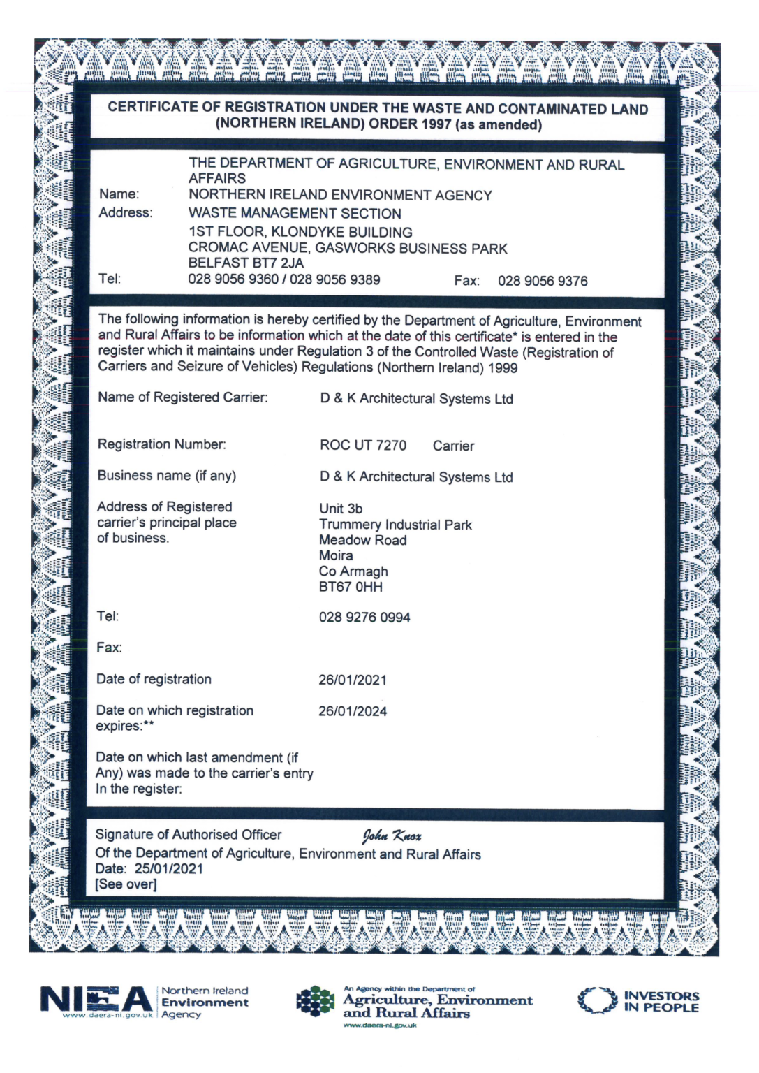 Controlled Waste Carrier Licence D&K Architectural Systems